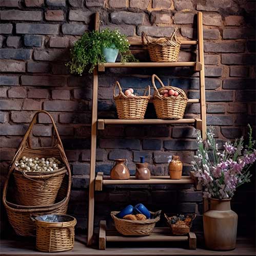 A ladder-style shelf against a brick wall, adorned with woven baskets and rustic pottery