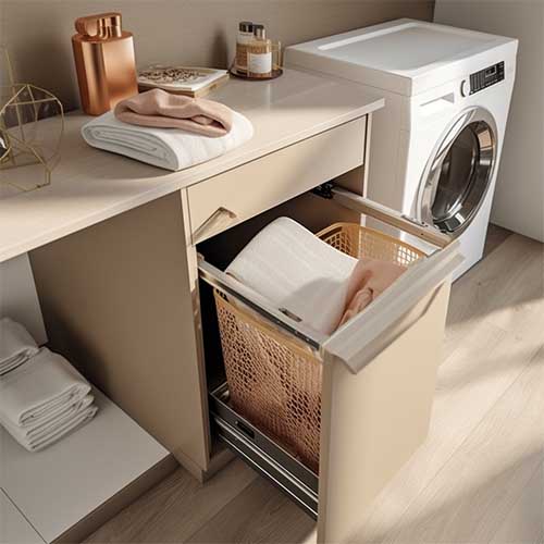 A modern bathroom vanity with an open pull out hamper seamlessly integrated into its design, providing a discreet and convenient storage solution for laundry