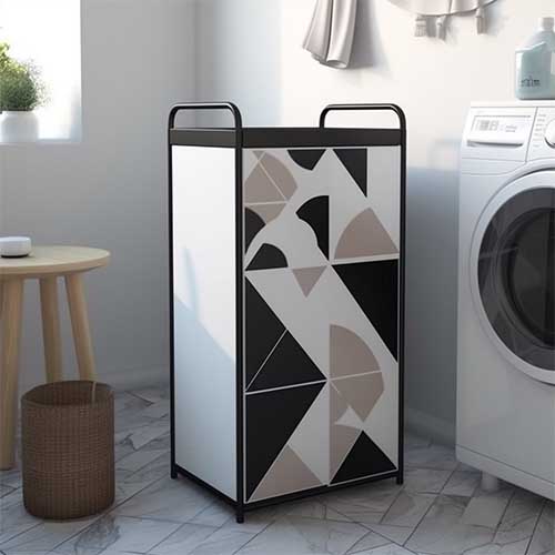 A modern laundry hamper with a sleek metal frame and geometric patterns, effortlessly blending into a minimalist interior