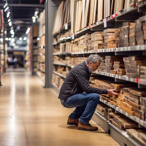 A person browsing through different types of wood at a home improvement store