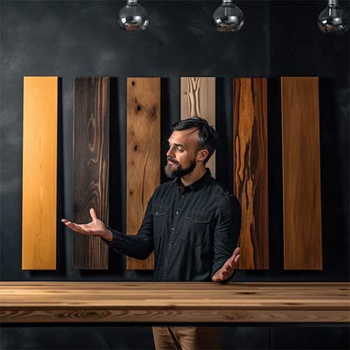 A person comparing different types of wood boards
