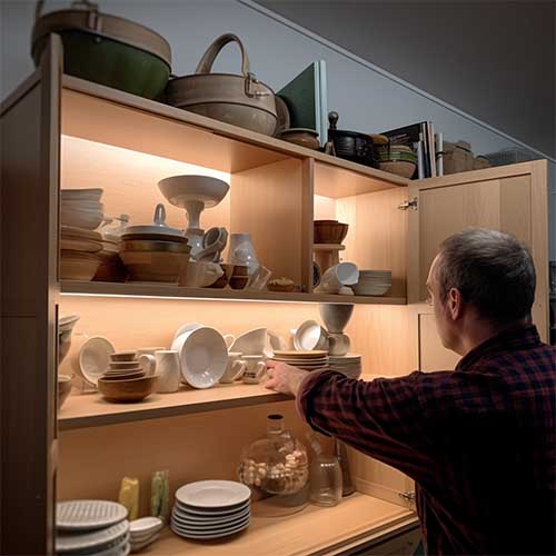 A person removing items from the cabinet, creating a clear space for the installation of new shelves