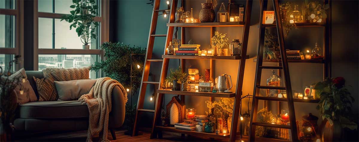 A well-lit ladder shelf with strategically placed spotlights, accentuating the displayed decor and adding a warm, cozy ambiance to the room