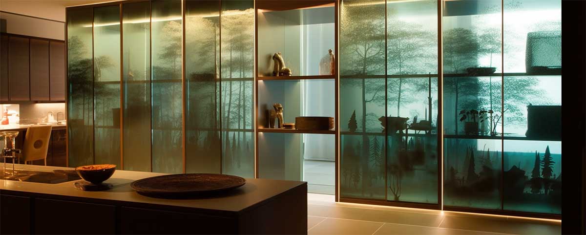 Achieving a harmonious blend of transparency and seclusion, the shelves are adorned with doors made of etched glass