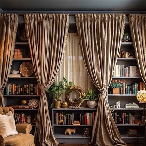 Decorative curtains hung in front of open shelves, concealing items while adding a touch of elegance