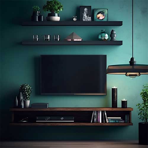 TV panel mounted on the wall with modern sleek floating shelves
