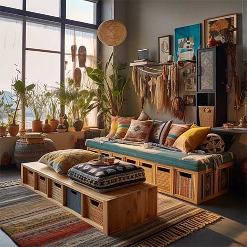 a bohemian-inspired living room, with a shelving bench design that incorporates natural materials, cozy textiles, and eclectic decor items