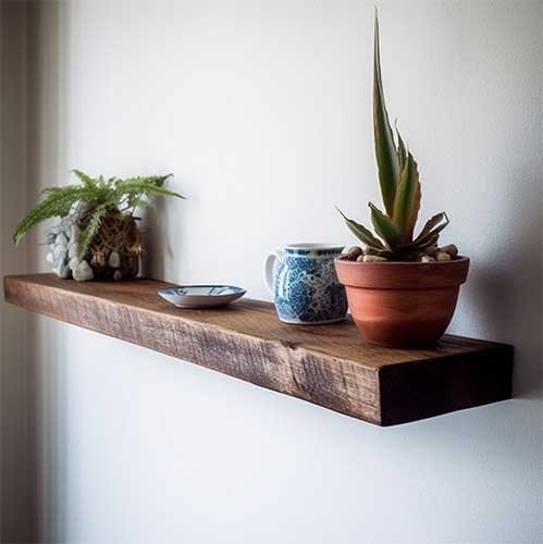 a floating shelf made from reclaimed wood, highlighting its rustic charm and ability to withstand substantial weight