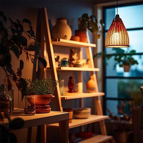 a ladder shelf illuminated by a pendant light hanging from above, casting a warm and inviting glow on the carefully arranged decor