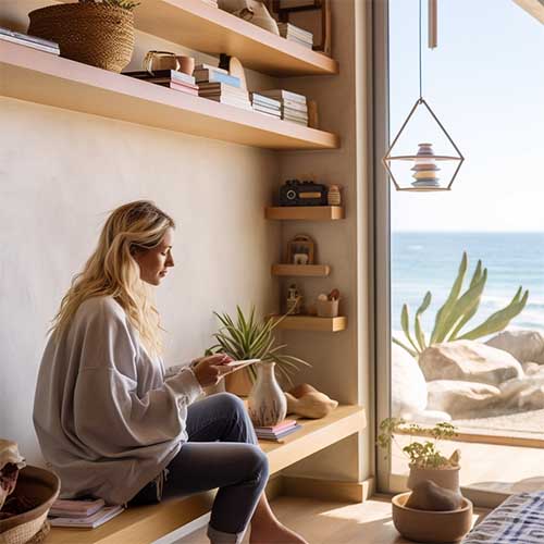 a shelves with bench in a beach house living room, with a person sitting on the bench while enjoying the ocean view