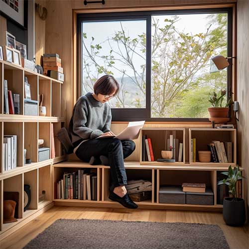 a shelving bench in a cozy reading nook, featuring a person sitting on the bench surrounded by books neatly organized on the shelves, creating a peaceful and organized space for bookworms