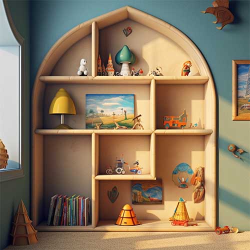 built-in shelves in a child's room, filled with colorful toys, books, and playful decor