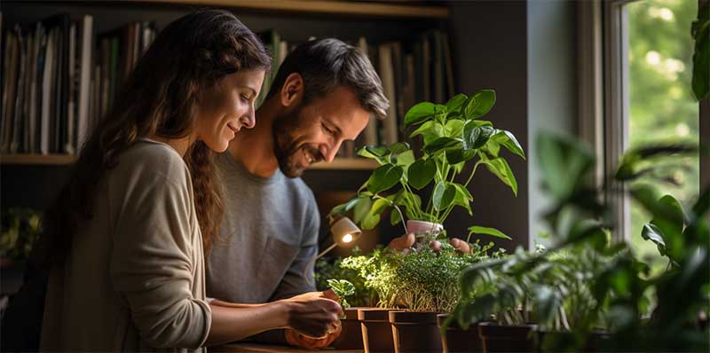 a young couple setting up their first shelf plant arrangement in their new home