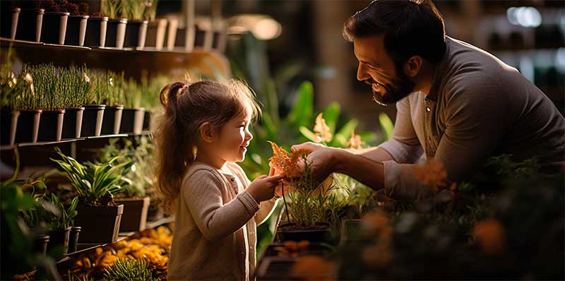 girl picks out a houseplant at the store