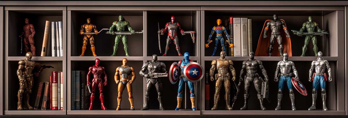 A creative arrangement of action figures on a shelf, demonstrating the art of creating visually appealing compositions by varying figure heights, poses, and groupings