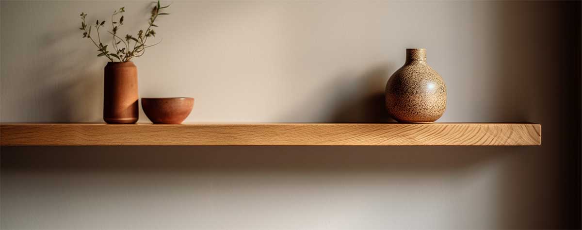 A floating shelf in a natural wood finish