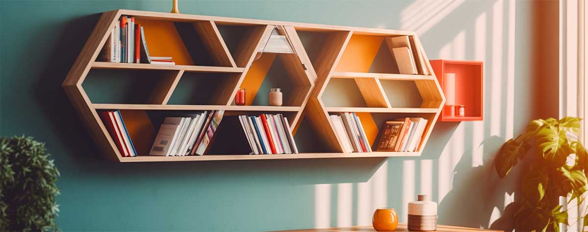 A geometric-inspired wall-mounted bookshelf with asymmetrical sh