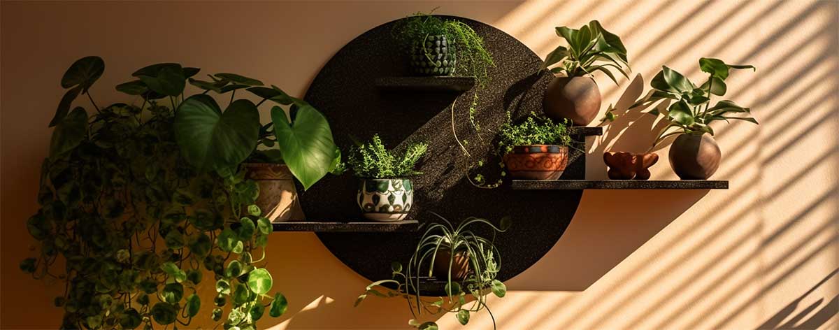 A round wall shelf with a mesmerizing pattern, adorned with potted plants and small decorative items, casting interesting shadows on the wall