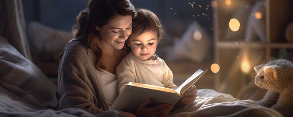 A mother is reading a book to her preschool child