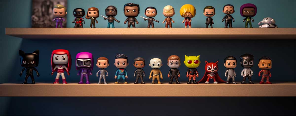 Funko Pop figures are displayed on a wall shelf
