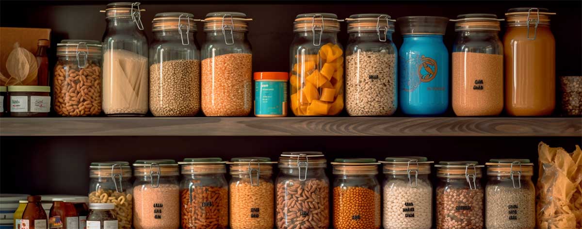 a pantry shelves filled with neatly organized shelves and labeled containers