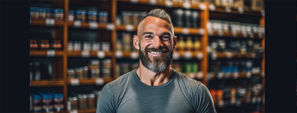 a smiling man in front of loaded Muscle Rack shelf