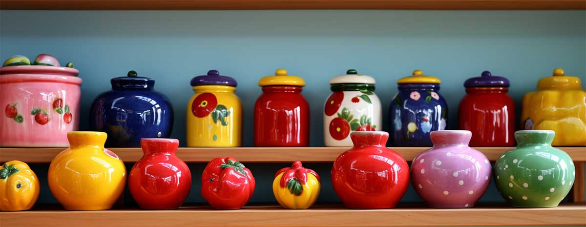 A cheerful kitchen shelf adorned with vibrant fruit-shaped ceramic jars