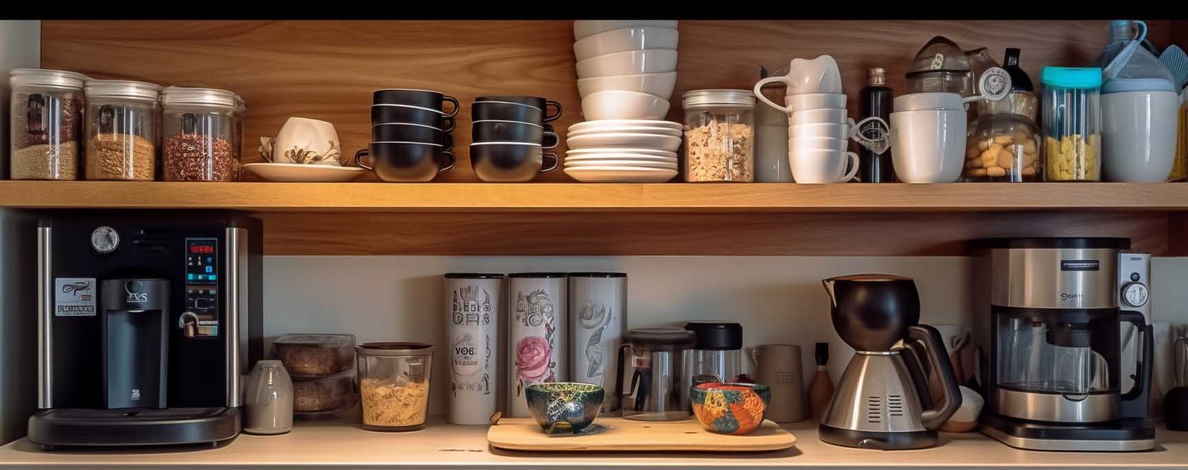 A deep shelf pantry with a dedicated section for small appliances