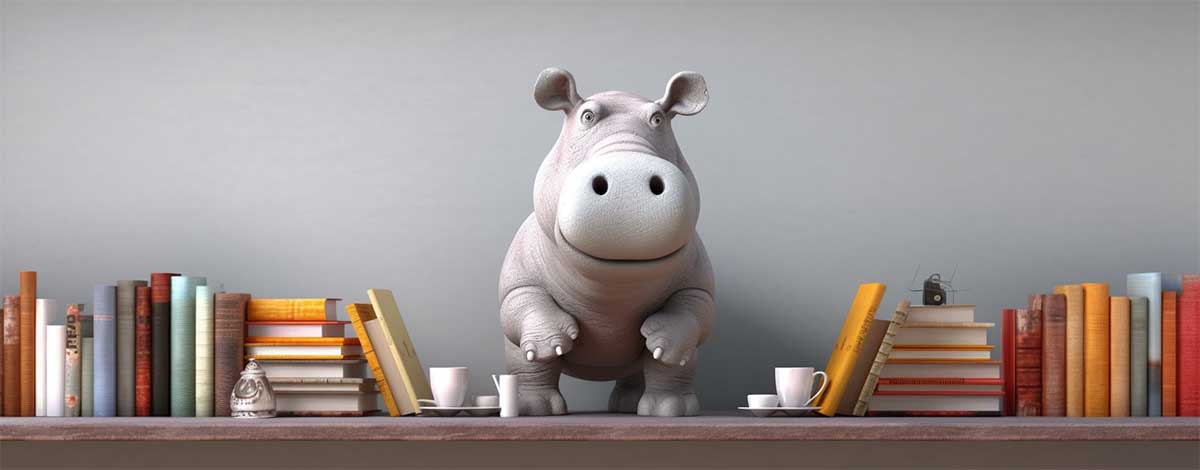 A floating wall moutned shelf with books and hippo figurine