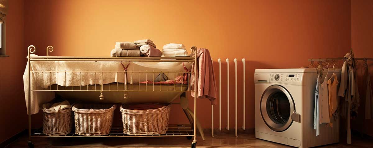 an iron laundry rack with two fabric hampers on bottom